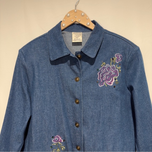 Vintage 90s Floral Embroidered Sequin Denim Jean Jacket & Pants Set, 12 Petite - Picture 3 of 16